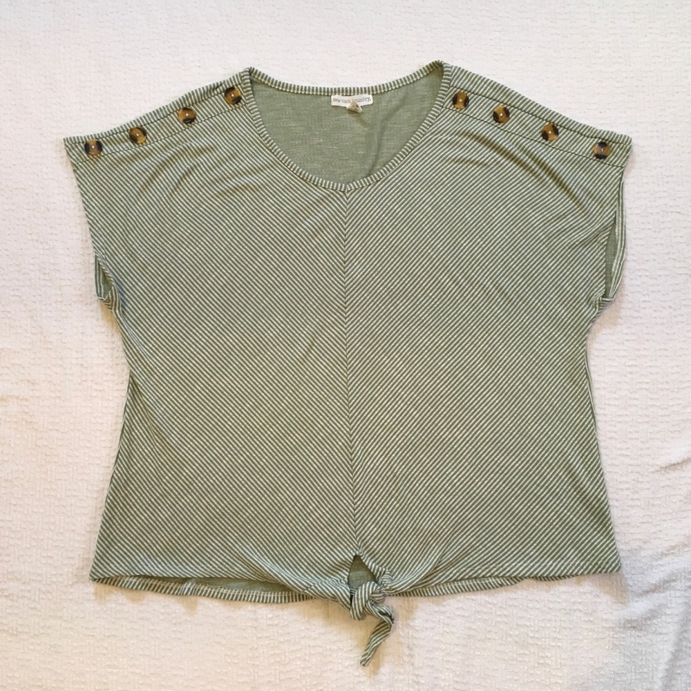 New York Laundry Green Stripe V Neck‎ Cap Sleeve Button Detail Tie Front Top 3X